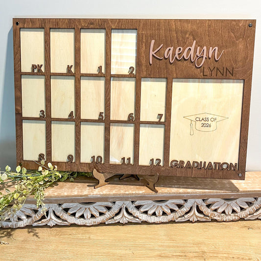 School Years Photo Frame * Pre K Grade 12 to Graduation Picture Frame * 3” x 5” Photos and 8” x 10” Photo * Stand Included * Wall Hanging