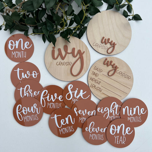 baby monthly milestone markers * milestone photo discs * baby shower gift * stand included