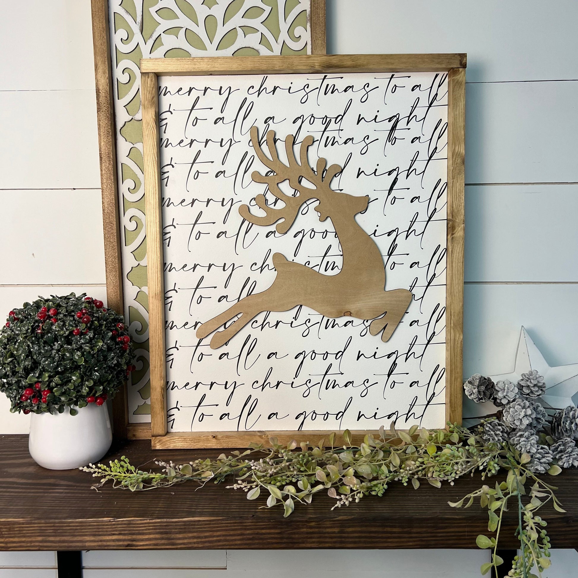 merry Christmas to all and to all a good night, reindeer - Christmas wood sign, mantle decor [FREE SHIPPING!]