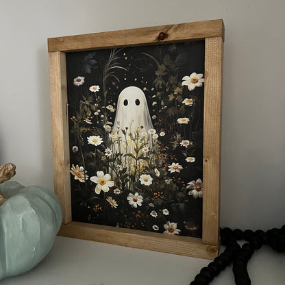 ghost in flower field * halloween decor * friendly ghost wood sign [FREE SHIPPING!]