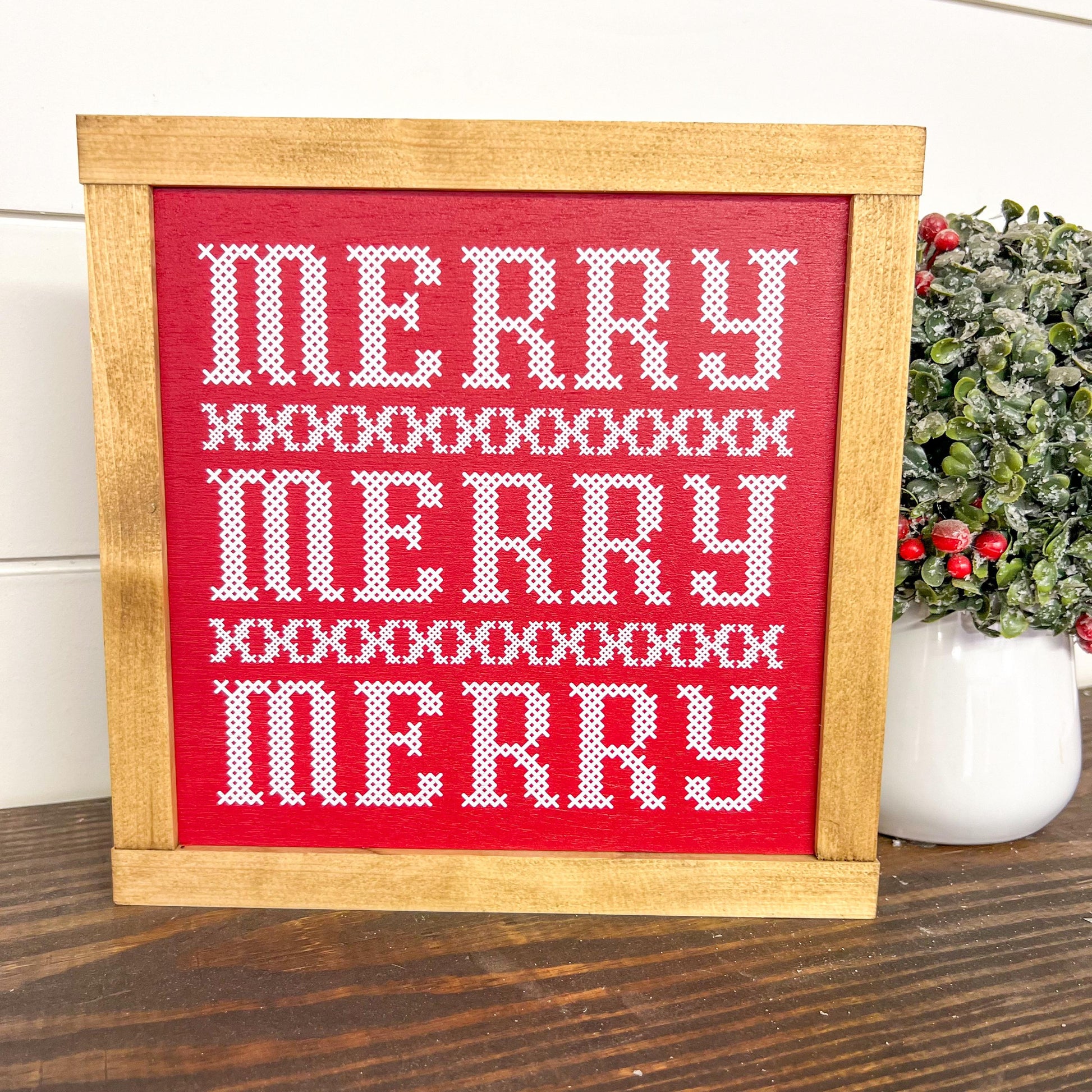 merry merry merry * cross stitch inspired wood sign [FREE SHIPPING!]