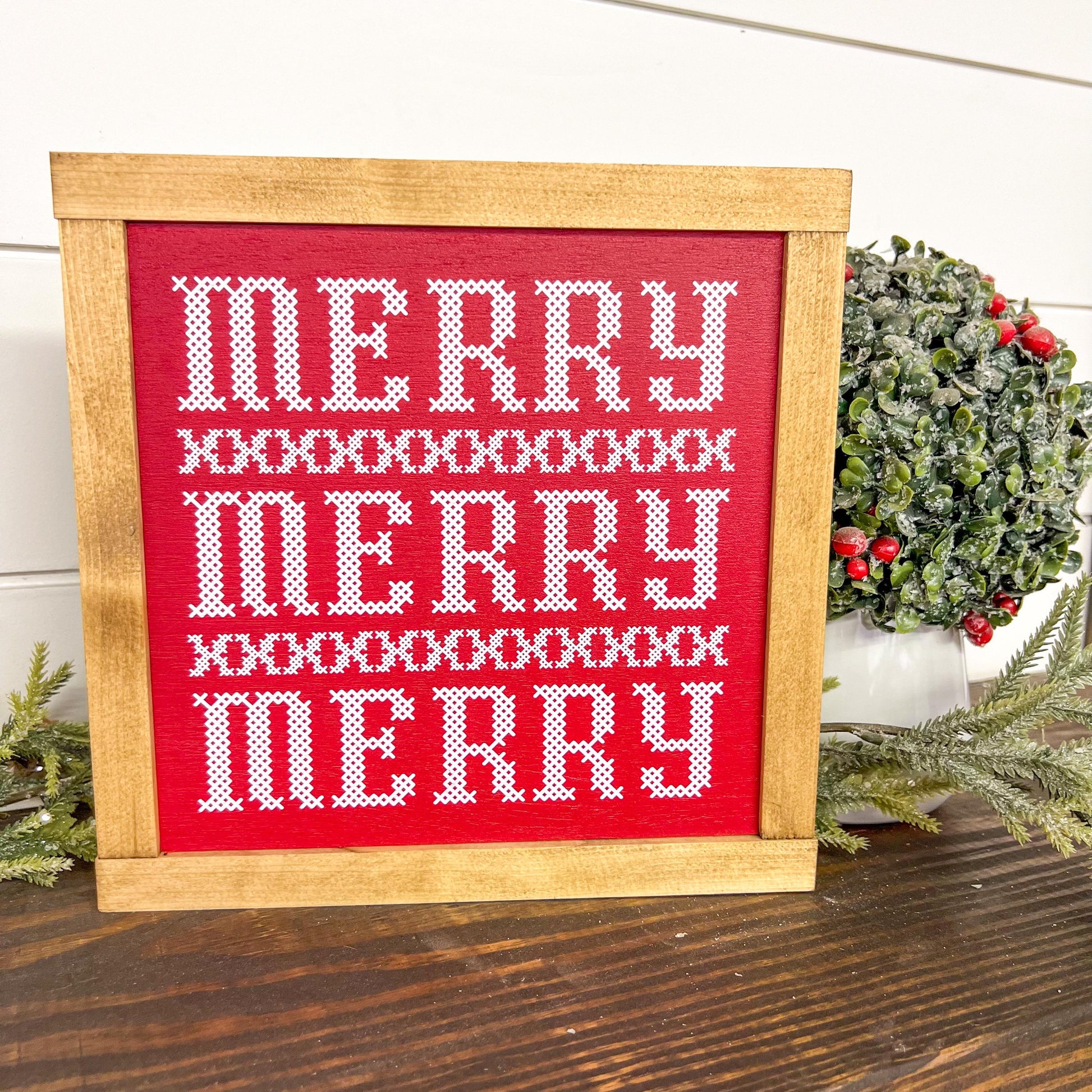 merry merry merry * cross stitch inspired wood sign [FREE SHIPPING!]