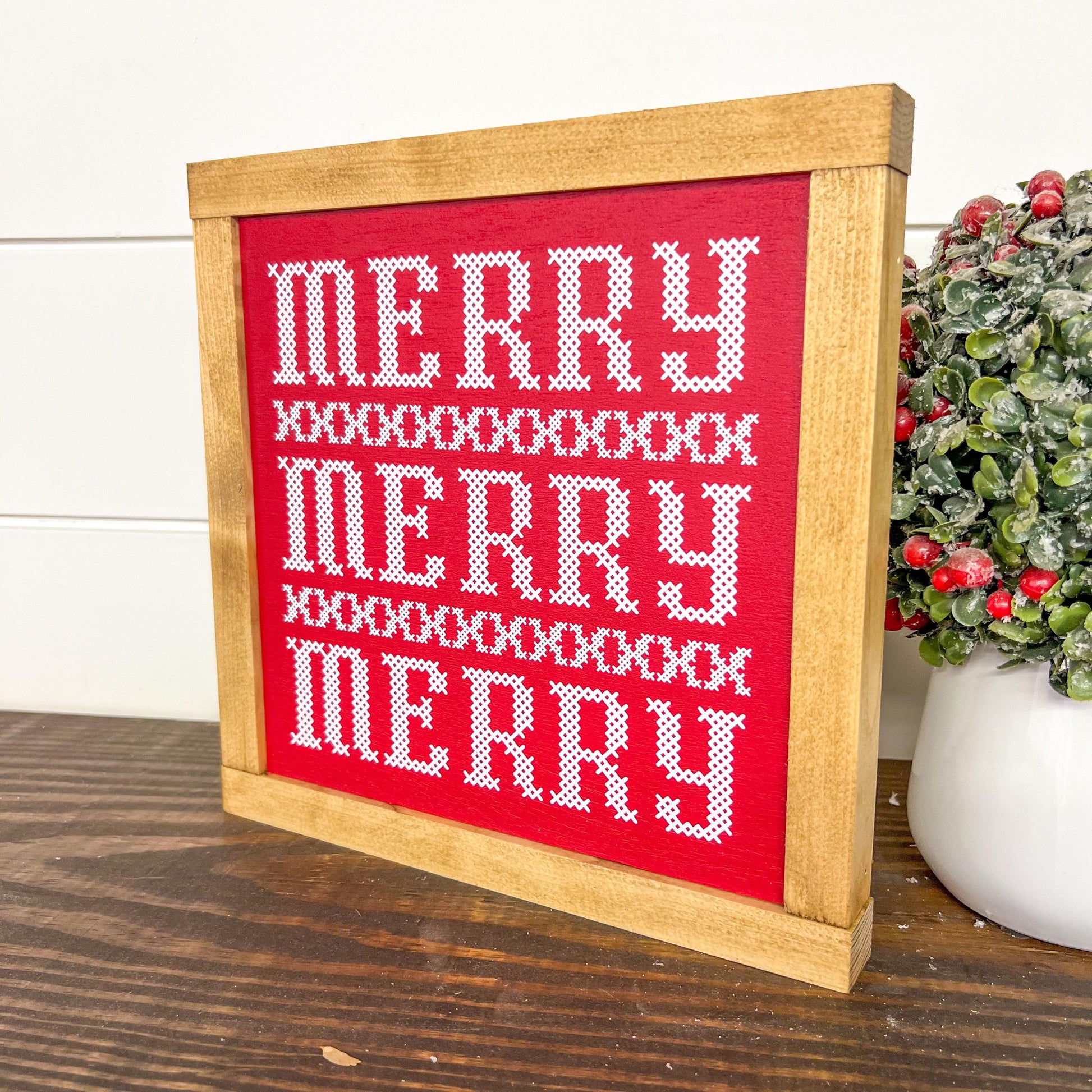 merry merry merry * cross stitch inspired wood sign [FREE SHIPPING!]