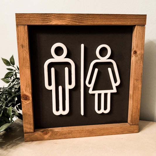 Bathroom Man & Woman Wood Sign: Rustic Charcoal Shelf Decor