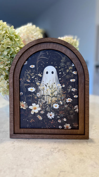 ghost in flower field * arch frame * halloween decor * friendly ghost wood sign [FREE SHIPPING!]