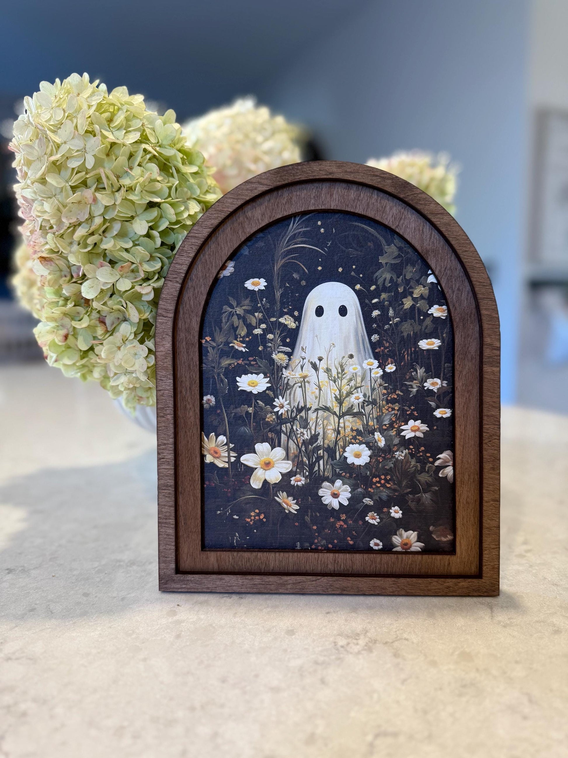 ghost in flower field * arch frame * halloween decor * friendly ghost wood sign [FREE SHIPPING!]