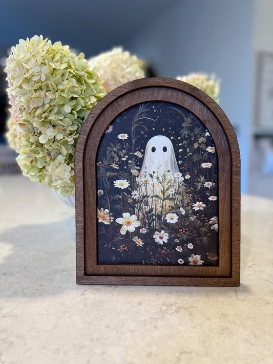 ghost in flower field * arch frame * halloween decor * friendly ghost wood sign [FREE SHIPPING!]