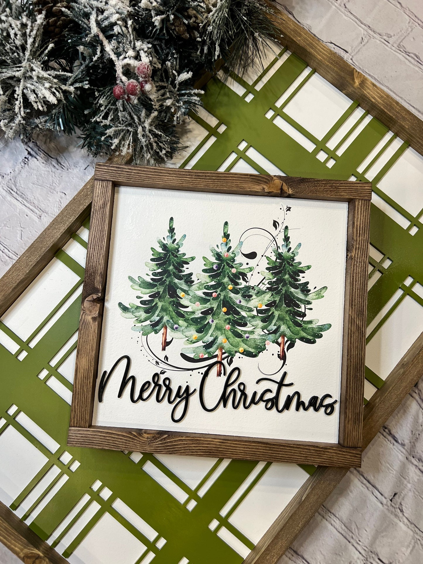 Merry Christmas with whimsy trees wood sign [FREE SHIPPING!]