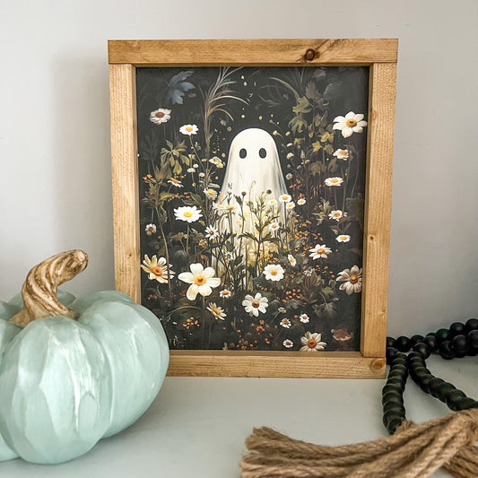 ghost in flower field * halloween decor * friendly ghost wood sign [FREE SHIPPING!]